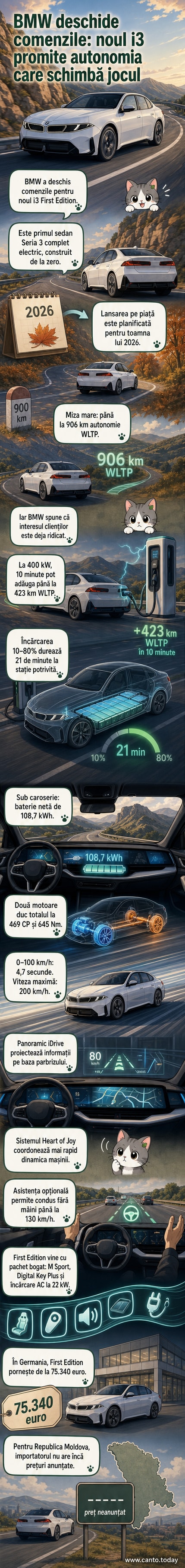 Ilustrație a noului BMW i3 First Edition în nuanța albastră M Le Castellet Blue, cu design aerodinamic și interior modern, afișând autonomia de 906 km pe afișajul digital.