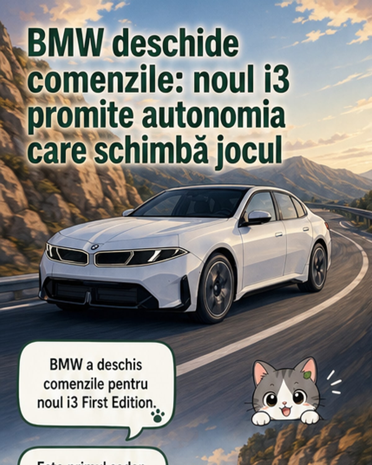 Ilustrație a noului BMW i3 First Edition în nuanța albastră M Le Castellet Blue, cu design aerodinamic și interior modern, afișând autonomia de 906 km pe afișajul digital.