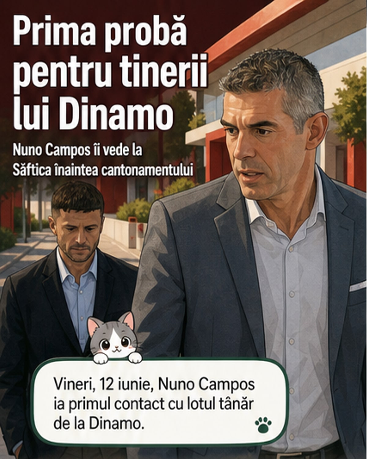 Nuno Campos stă la marginea terenului la Săftica, înconjurat de tineri jucători de la Dinamo în primul antrenament sub conducerea sa.