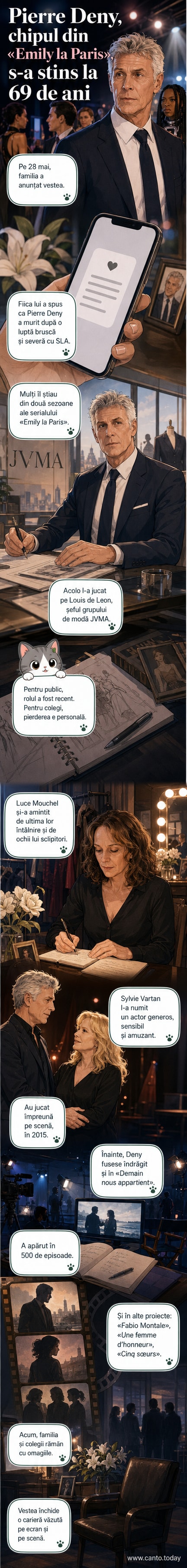 Portret al actorului Pierre Deny într-o scenă din Emily in Paris, cu fundal de birou elegant și Paris în fundal.