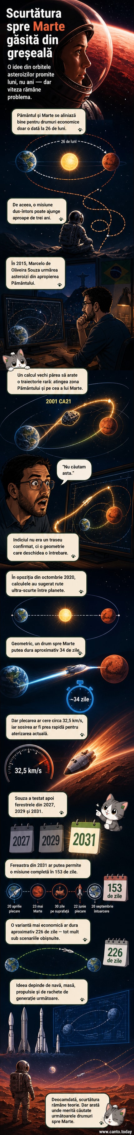 Ilustrație a unei nave spațiale urmând traiectoria unui asteroid între Pământ și Marte, cu orbitele planetelor și Soarele în fundal.