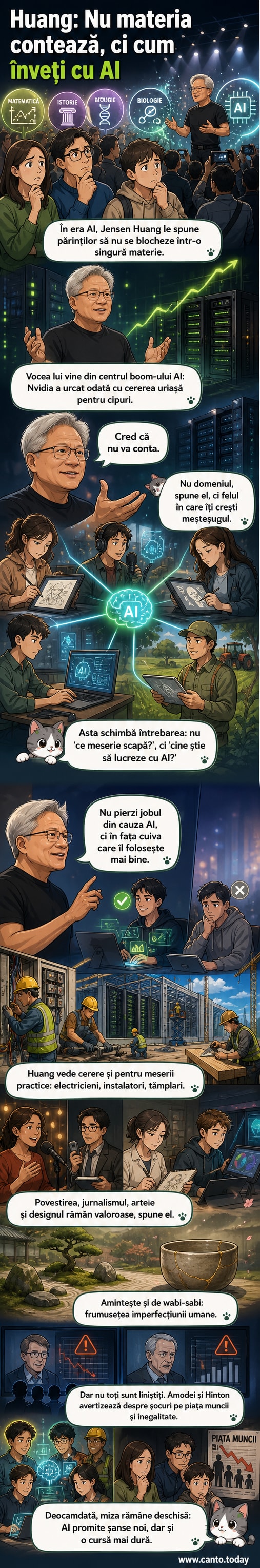 Portret stilizat al lui Jensen Huang, CEO-ul Nvidia, în fața unui fundal digital care amintește de circuite și rețele neuronale, cu elemente de estetică japoneză wabi-sabi în colț.