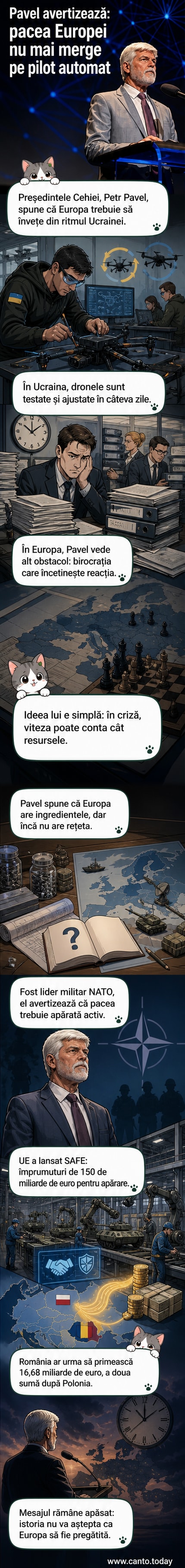 Ilustrație cu un președinte vorbind în fața unui fundal de hărți militare și drone, cu simboluri ale UE și avertizări birocratice în fundal.