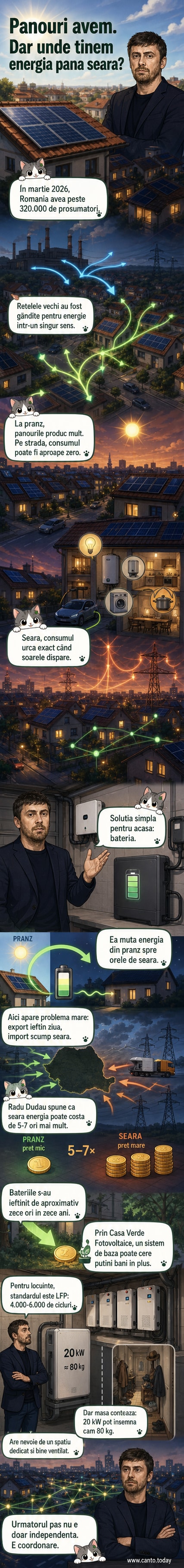 Ilustrație care arată o casă cu panouri fotovoltaice și o baterie mare în curte, simbolizând stocarea energiei pentru consumul serii.