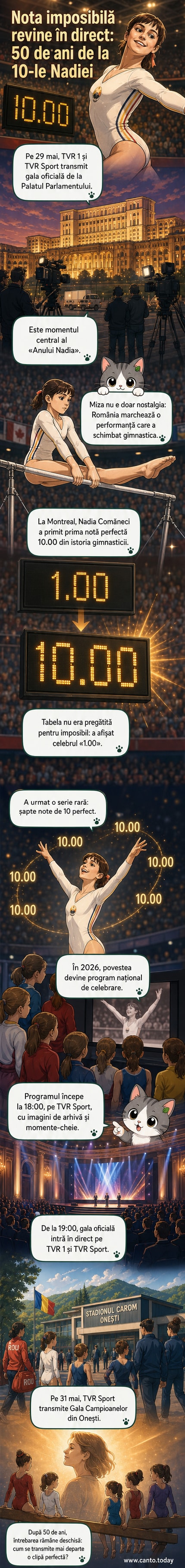 Ilustrație webtoon: Nadia Comăneci în costum de gimnastică, cu brațele ridicate după o notă de 10.00, în fața unei table de scor care afișează „1.00” din cauza limitărilor tehnologice din 1976. În fundal, Palatul Parlamentului și un public aplaudând.