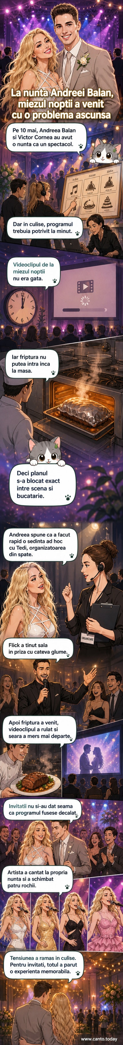 Andreea Bălan și Victor Cornea la nunta lor, înconjurată de lumini și invitați, cu Flick în fundal.