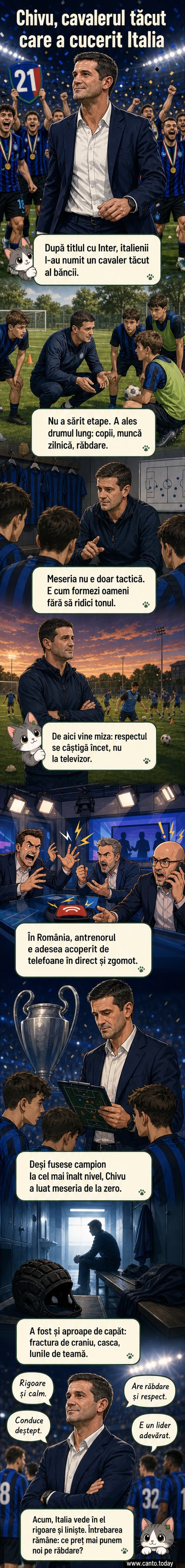 Cristi Chivu în bancă tehnică, cu privirea concentrată, într-un stadion plin, simbolizând răbdarea și rigoarea în antrenorat