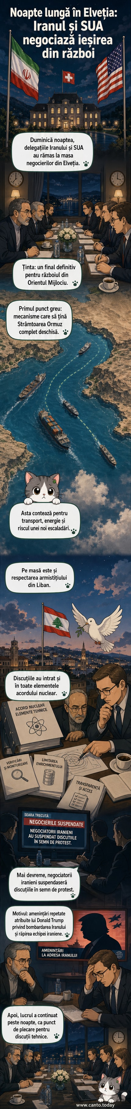 Ilustrație cu delegațiile iraniene și americane într-o sală de negocieri în Elveția, sub un titlu despre discuțiile nocturne privind acordul nuclear și Strâmtoarea Ormuz.