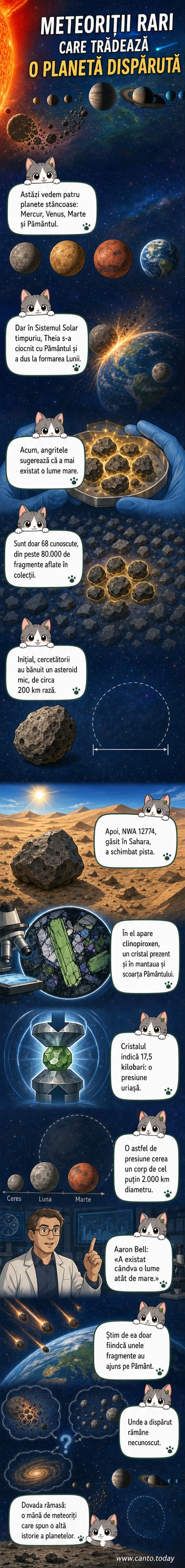Ilustrare webtoon care arată un meteorit angrit descoperit în deșert, cu secțiuni interne ce dezvăluie cristale minerale, în contextul unui Sistem Solar timpuriu cu o planetă necunoscută în derivă.