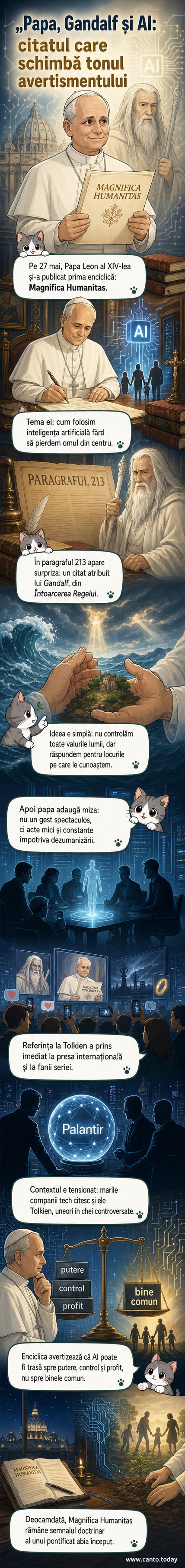 Ilustrație stilizată cu Papa Leon al XIV-lea ținând o enciclică, în fundal un siluetă de Gandalf pe un zid digital, cu inele de date în jur.