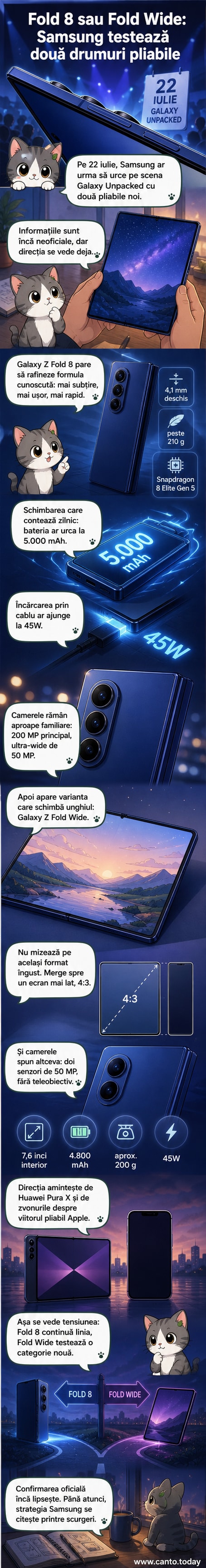 Ilustrație stilizată cu două telefoane pliabile Samsung: Galaxy Z Fold 8 în format vertical și Galaxy Z Fold Wide în format lat, ambele deschise pe o suprafață netedă.