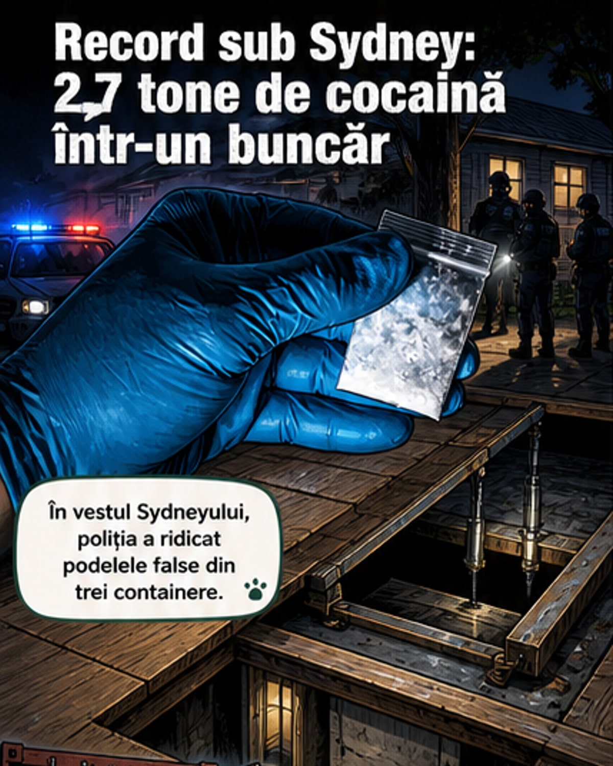 Ilustrație a unui buncăr subteran din Sydney unde au fost descoperite 2,7 tone de cocaină în containere maritime ascunse sub podele false.