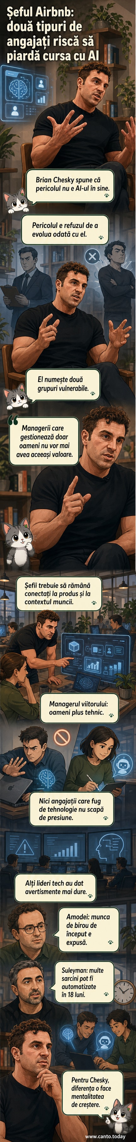 Ilustrație reprezentând un manager clasic în birou, contrastând cu un manager modern care lucrează pe laptop cu interfețe AI, simbolizând tranziția în era inteligenței artificiale.