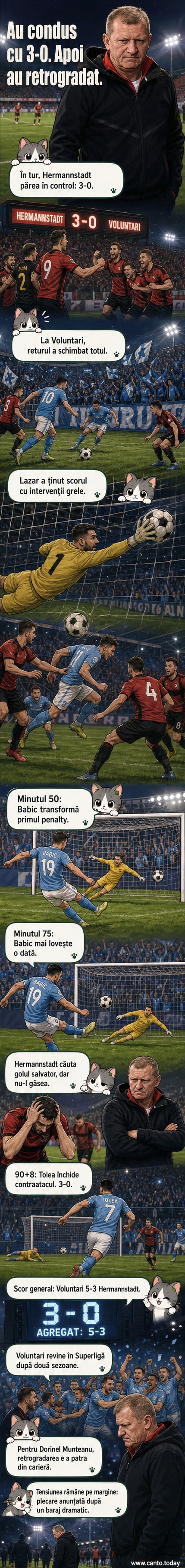 Jucători de fotbal într-un meci de baraj, cu suporteri entuziaști în fundal, marcând un moment tensionat al confruntării dintre Voluntari și Hermannstadt.