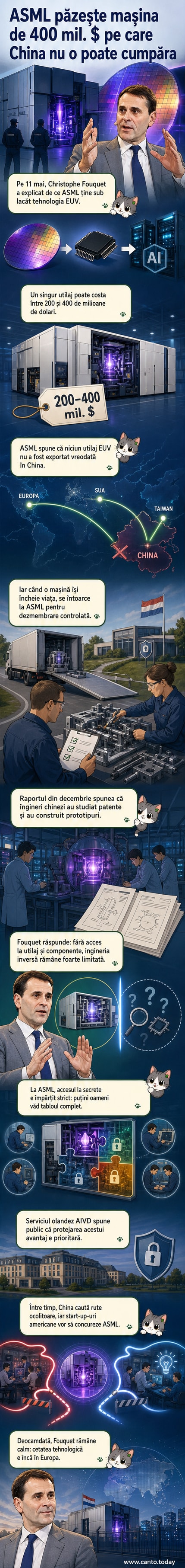 Reprezentare stilizată a unui utilaj ASML într-un laborator high-tech, cu simboluri ale circuitelor integrate și raze EUV, într-un decor industrial futurist