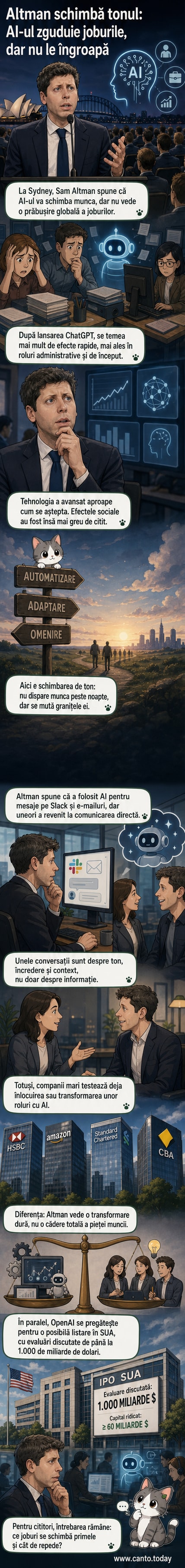 Ilustrație cu Sam Altman vorbind la un microfon, în spate un ecran cu graficul evoluției AI și siluete de oameni lucrand în paralel cu roboți.
