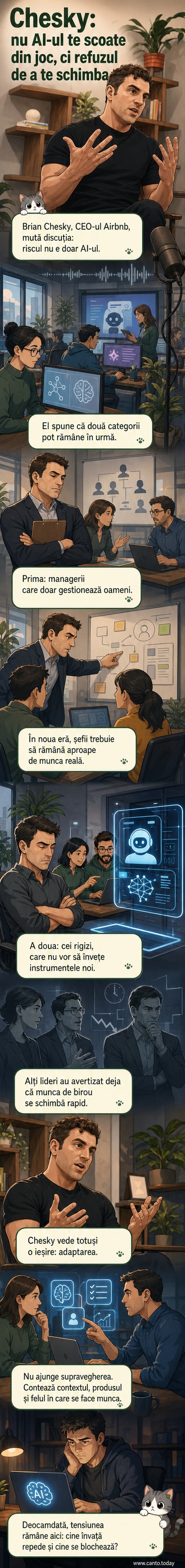 Ilustrație cu un manager clasic într-o birou retro, privind încremenit un angajat care lucrează cu un asistent AI holografic modern.