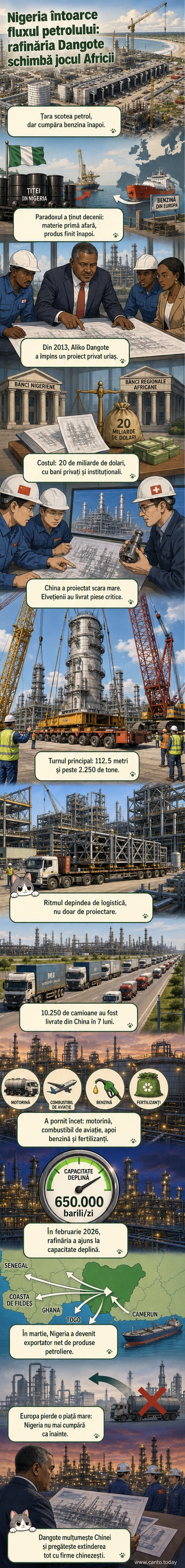 O reprezentare ilustrată a rafinăriei Dangote în Nigeria, cu turnuri imense de distilare, camioane în mișcare și un container gigantic fiind transportat, în timp ce o hartă arată fluxul de exporturi către țările vecine și Europa.