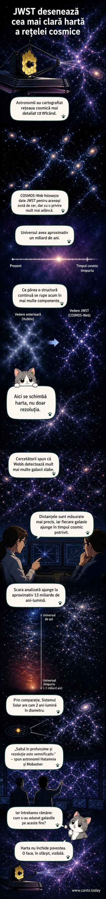 O hartă ilustrată a rețelei cosmice, cu filamente de materie întunecată și galaxii distribuite pe o distanță de 13 miliarde de ani-lumină, vizualizată cu date JWST.