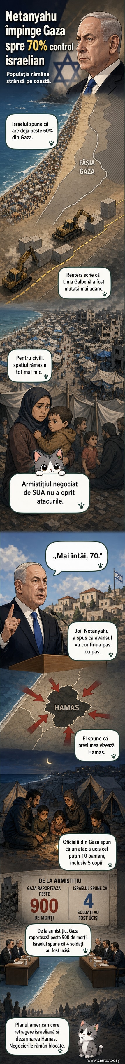 Hartă schematică a Fâșiei Gaza, cu linia galbenă mutată și zone controlate de Israel marcate în albastru, iar populația palestiniană înghesuită într-o fâșie restrânsă de coastă.