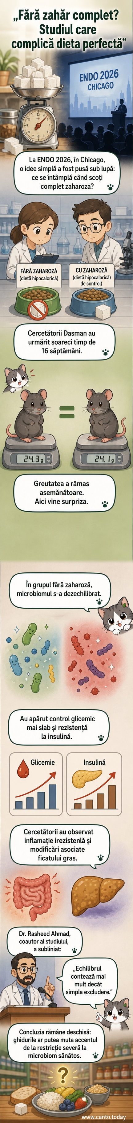 Ilustrație care arată un sistem digestiv cu bacterii intestinale, alături de un grafic care indică inflamație și dezechilibru metabolic în contextul unei diete fără zahăr.