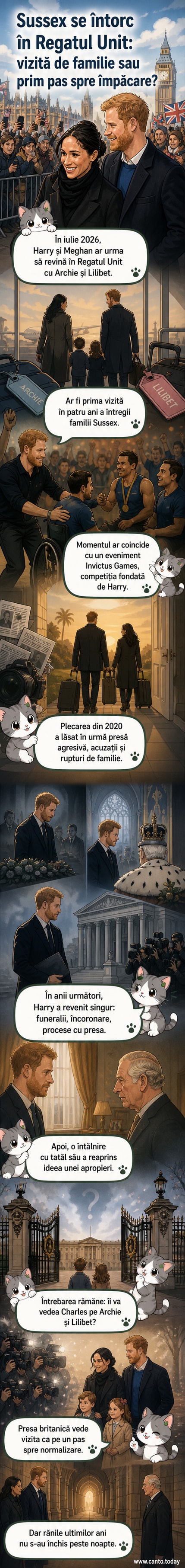 O familie regală într-o scenă ilustrată: Harry și Meghan cu cei doi copii, Archie și Lilibet, intră într-un palat britanic sub un cer senin, simbolizând revenirea după patru ani.