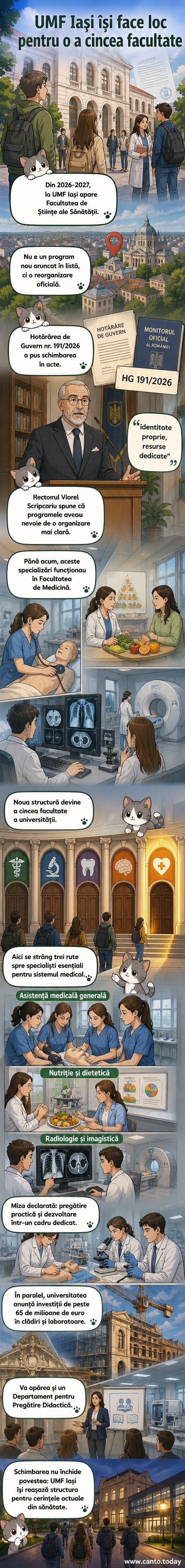 Ilustrație webtoon care arată clădirea UMF Iași și noua Facultate de Științe ale Sănătății, cu studenți în uniforme medicale și simboluri ale specializărilor: stetoscop, calculator cu grafice nutriționale, ecran de imagistică medicală.