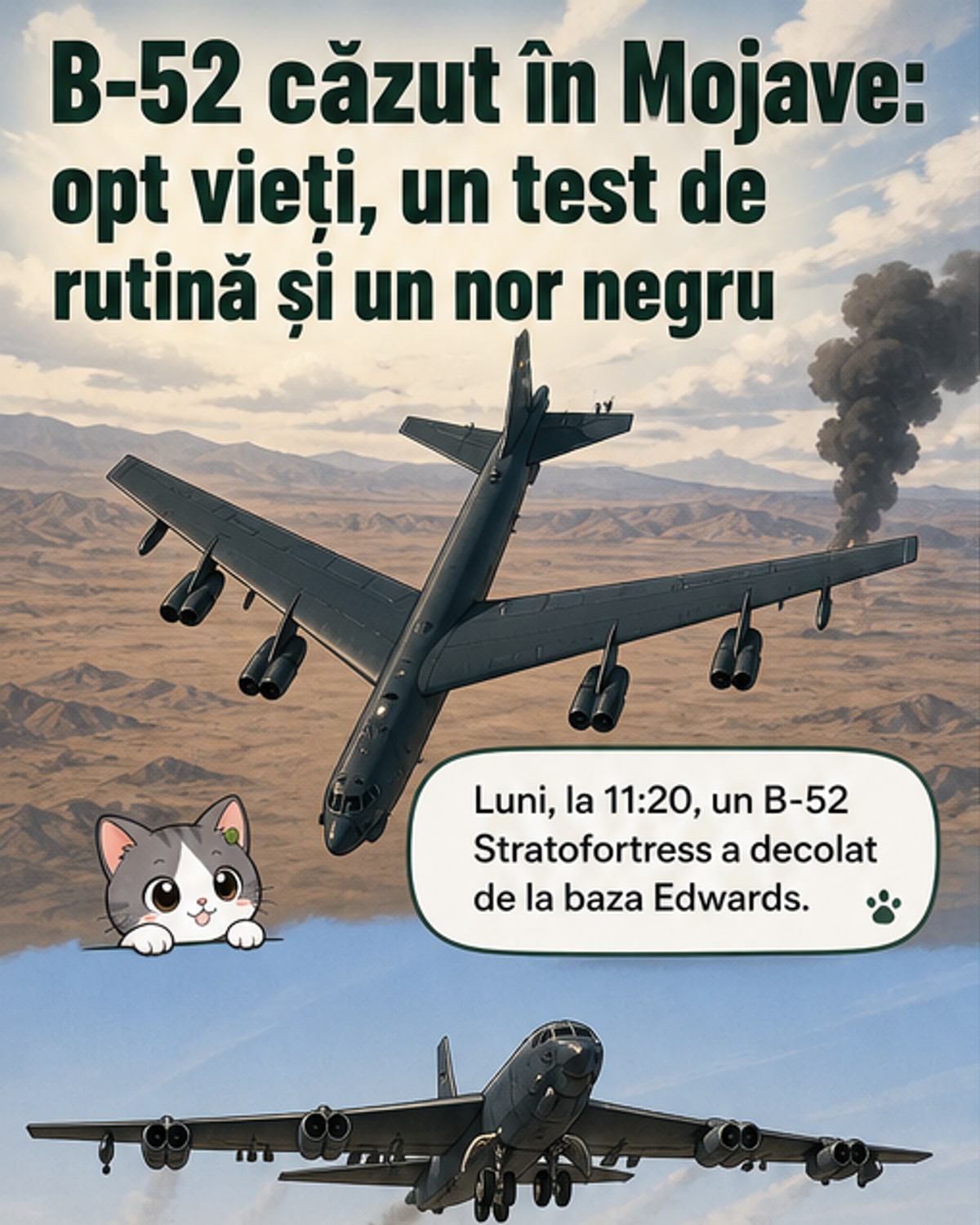 Un bombardier B-52 prăbușit în deșertul Mojave, cu un nor gros de fum negru ridicându-se din epave