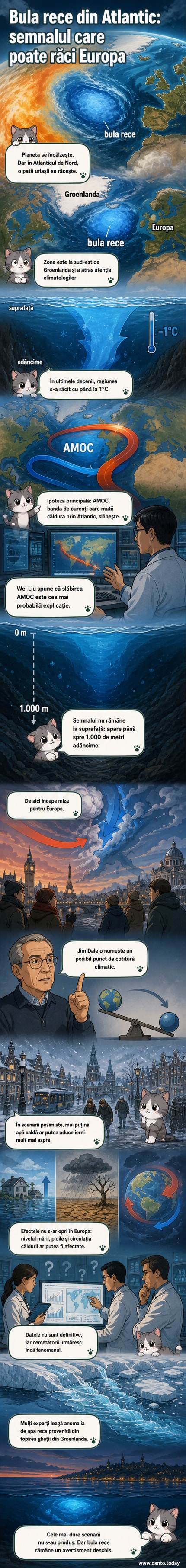 Ilustrație webtoon care arată o zonă albastră rece în Oceanul Atlantic, cu săgeți care indică încetinirea curenților AMOC și efectele asupra climei Europei.