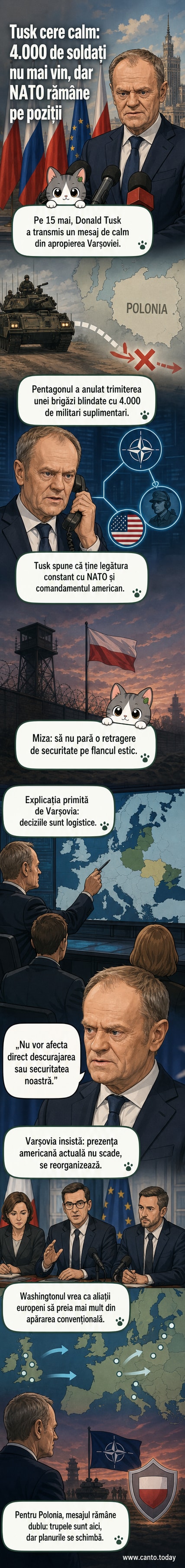 Ilustrație cu premierul polonez Donald Tusk vorbind la o conferință de presă, în fundal o hartă a Europei cu baze militare americane marcate.