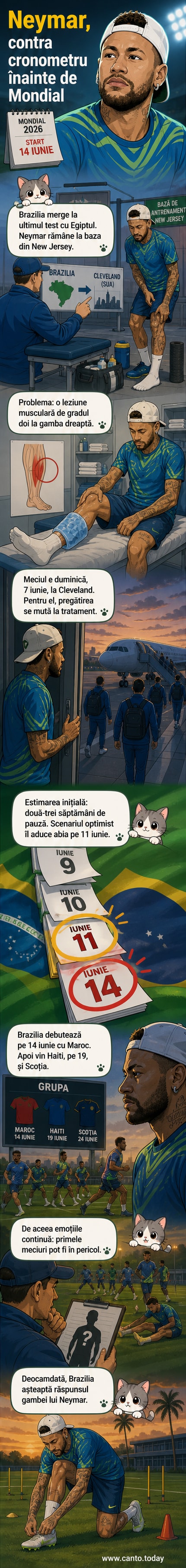 Ilustrație cu Neymar în echipamentul naționalei Braziliei, stând în New Jersey în timp ce coechipierii se pregătesc pentru meciul amical cu Egiptul.
