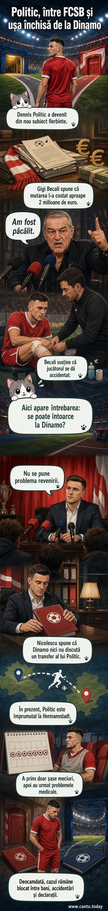Ilustrație cu doi oficiali de club în fața unei table de strategie, cu numele lui Dennis Politic și Gigi Becali pe hârtii, sugerând disputa transferului.