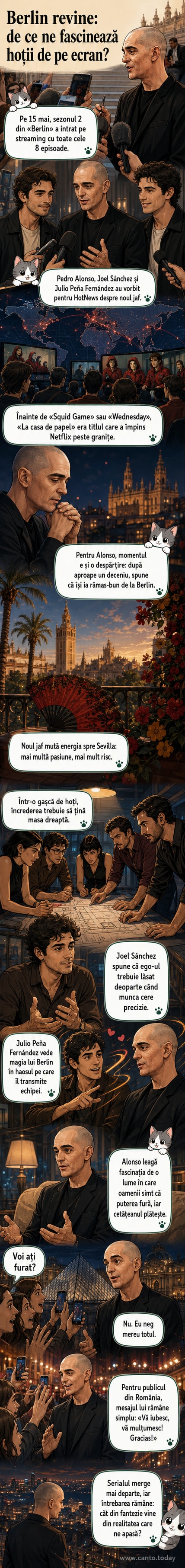 Trei actori în costume elegante, stând într-un decor de muzeu, cu o expresie jucată între serios și ironic, sugerând un jaf iminent.