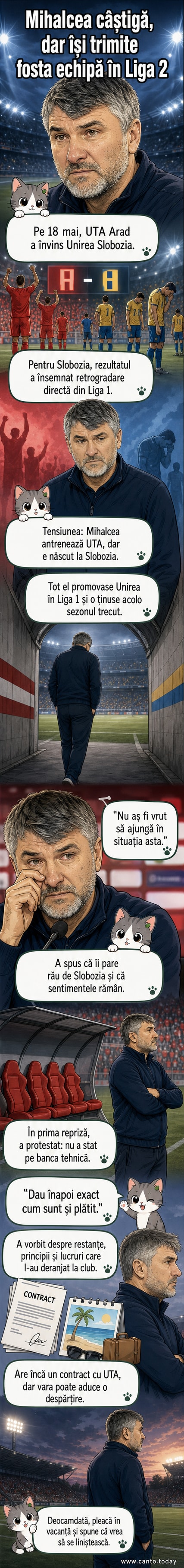 Adrian Mihalcea stă cu capul plecat pe marginea terenului, cu lacrimi în ochi, după ce echipa sa a retrogradat fosta sa echipă, Unirea Slobozia.