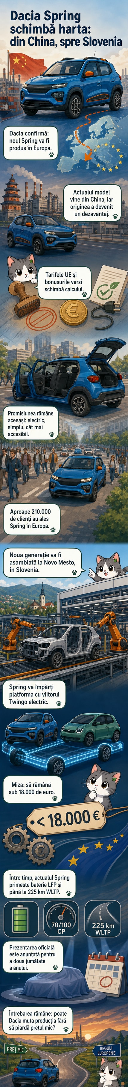 Ilustrație cu un Dacia Spring electric în fața unei uzine din Slovenia, cu harta Europei în fundal și eticheta „Fabricat în UE”