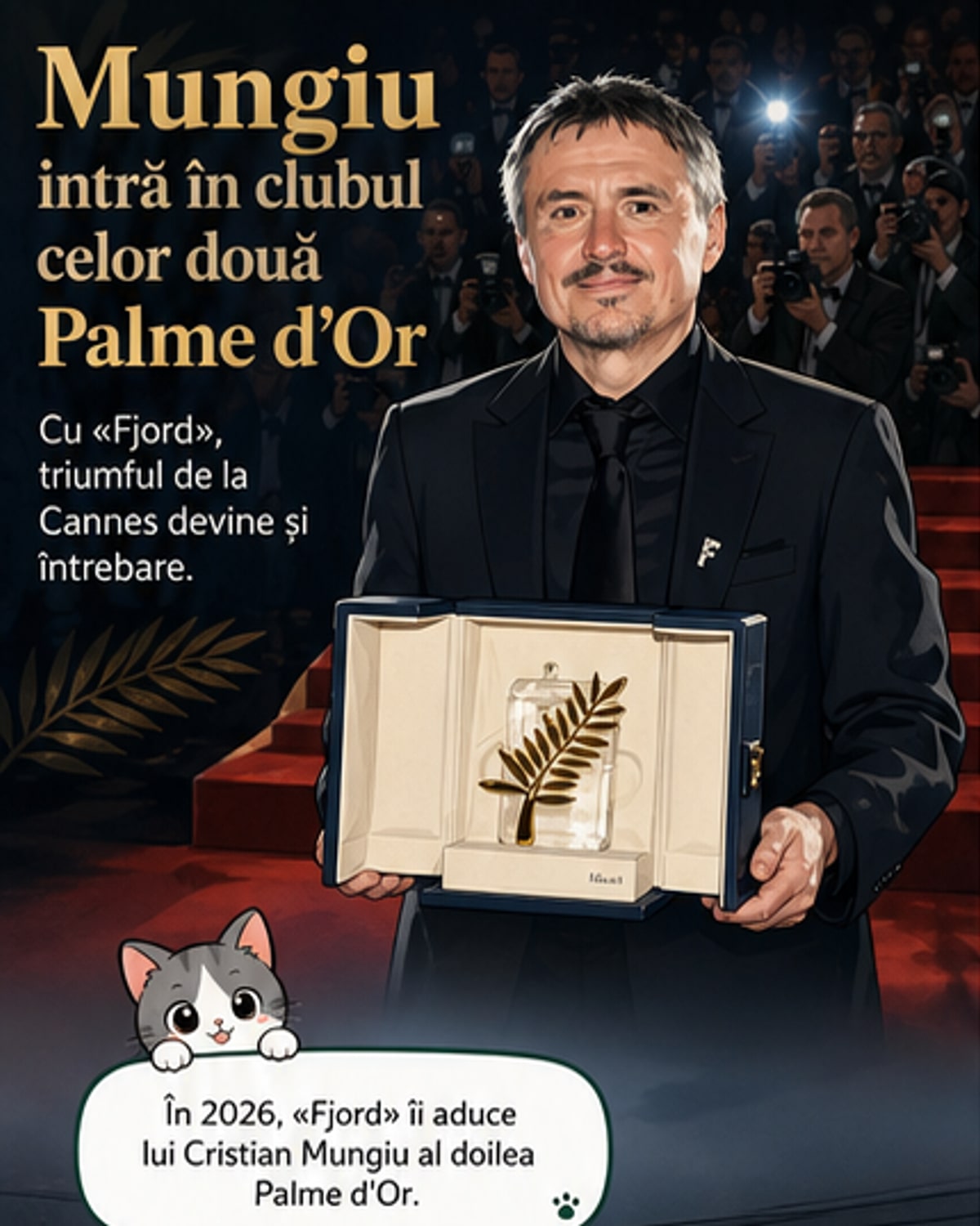Cristian Mungiu ținând trofeul Palme d'Or la Cannes, înconjurat de lumini și aplauze, cu un fundal de cortine roșii.