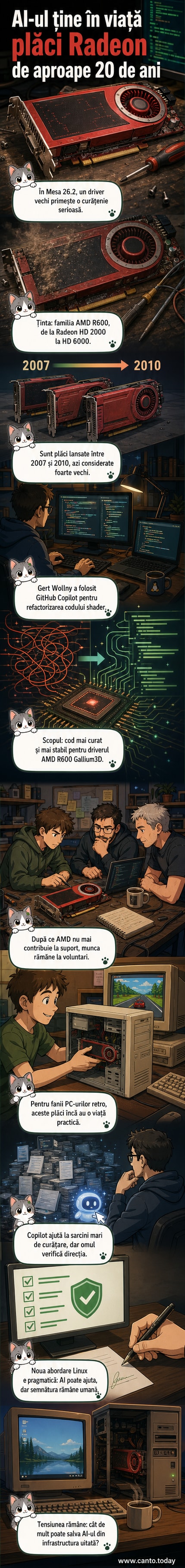 Ilustrație cu o placă grafică AMD veche conectată la un laptop, unde linii de cod AI curg din ecran și se transformă în componente hardware funcționale