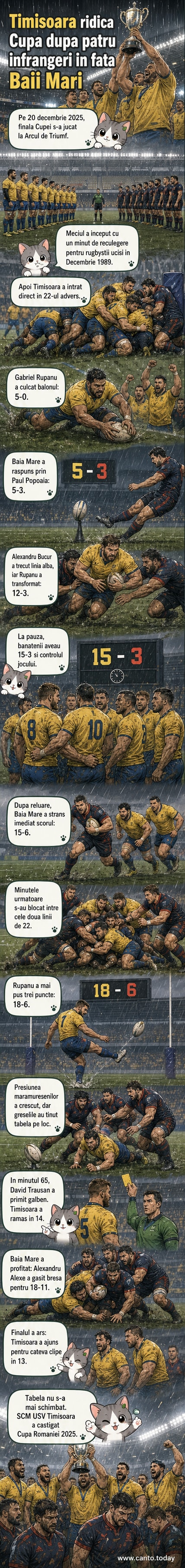 Jucători de rugby în uniforme roșii și albastre se confruntă într-un meci final pe un stadion umplut parțial, sub un cer înnorat.