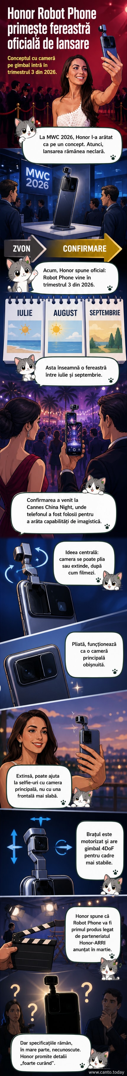 Ilustrație a noului Honor Robot Phone cu cameră robotică extinsă, prezentând sistemul gimbal și designul modular.