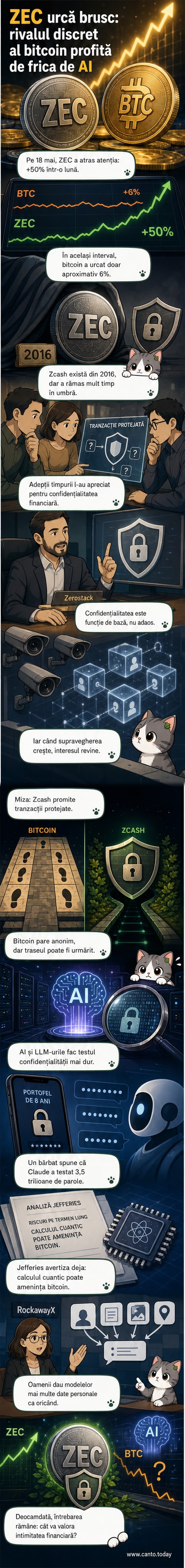 Ilustrație cu o rețea digitală care emite semnale de confidențialitate, cu simboluri de criptomonede și unde de AI în fundal