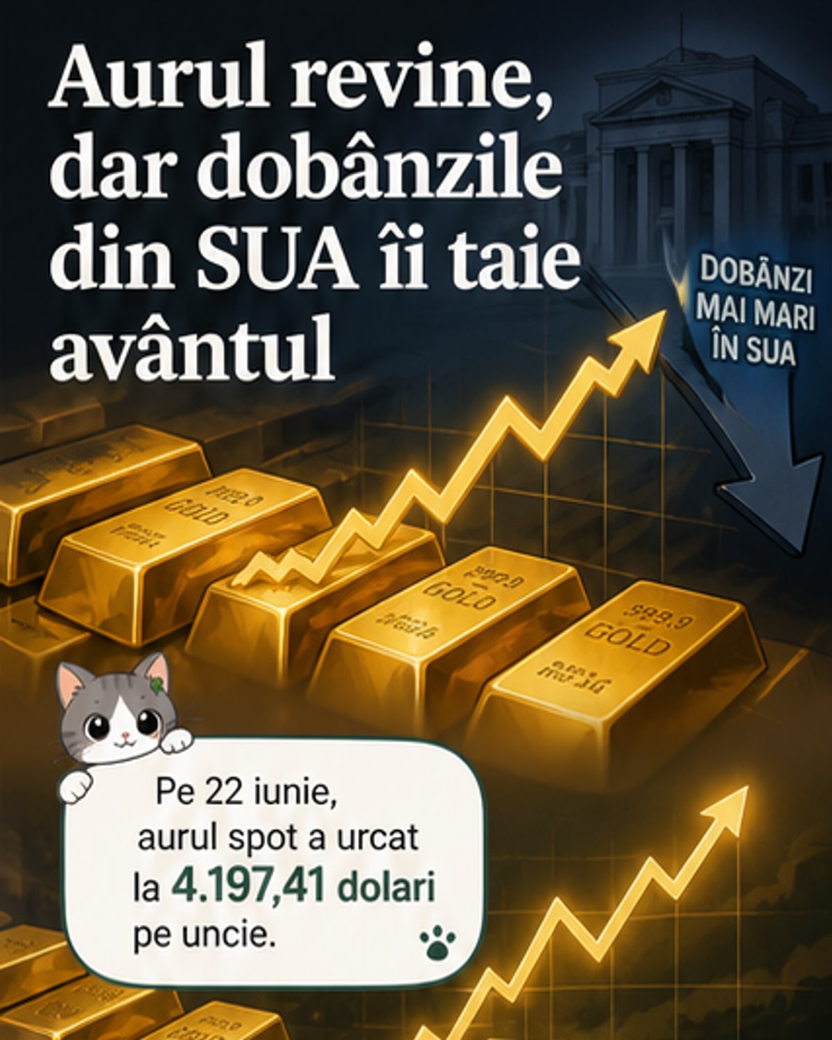 Grafic cu evoluția prețului aurului în ultima săptămână, cu o scădere spre 11 iunie și o revenire spre 22 iunie, în contextul negocierilor SUA-Iran și așteptărilor privind dobânzile Fed.