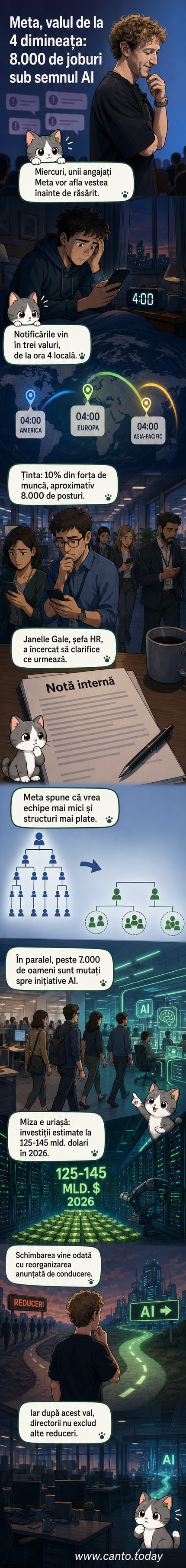Ilustrație cu un birou digital golindu-se treptat, în timp ce o diagramă organizațională se aplatizează și un robot AI pornește în fundal.