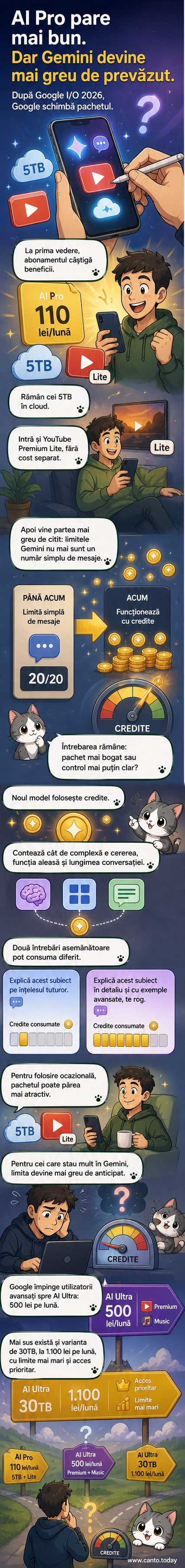 Ilustrație cu un telefon și un laptop deschise pe interfața Google Gemini, cu etichete pentru YouTube Premium și sistemul de credite AI