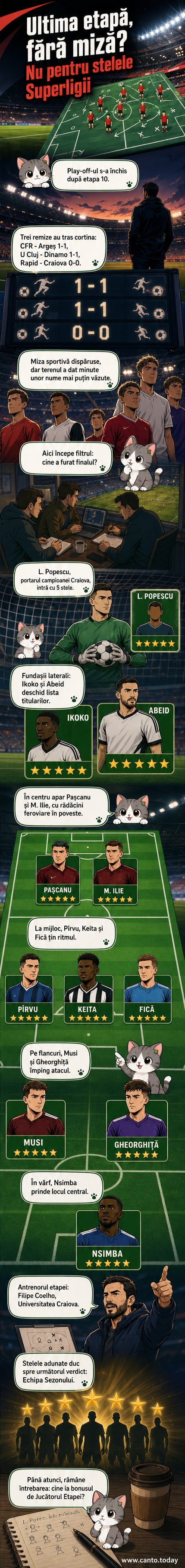 Ilustrație cu componența ideală a ultimei etape din Superliga: portar, fundași, mijlocași și atacanți dispuși într-o formație 4-3-3, cu jucători precum L. Popescu, Ikoko, Pașcanu, Keita și Nsimba.