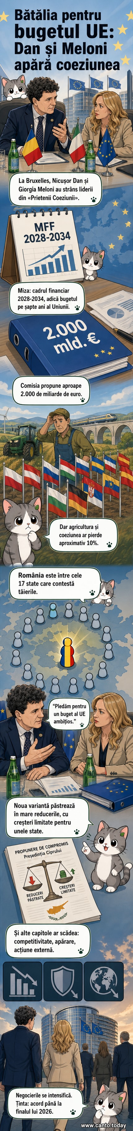 Ilustrație cu doi lideri europeni stând în fața unui plan al Uniunii Europene, discutând despre buget, cu simboluri ale fondurilor pentru coeziune și agricultură în fundal.