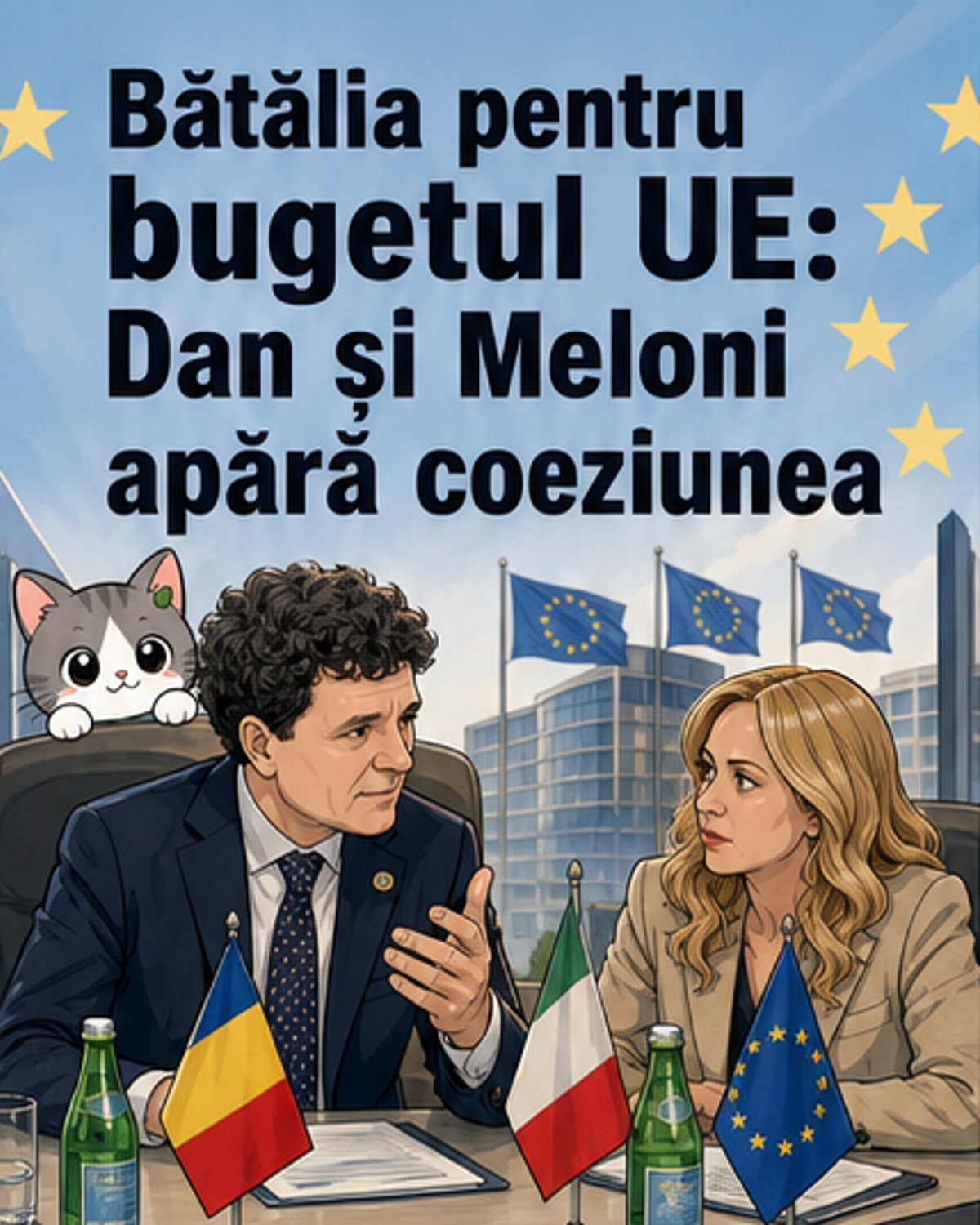 Ilustrație cu doi lideri europeni stând în fața unui plan al Uniunii Europene, discutând despre buget, cu simboluri ale fondurilor pentru coeziune și agricultură în fundal.