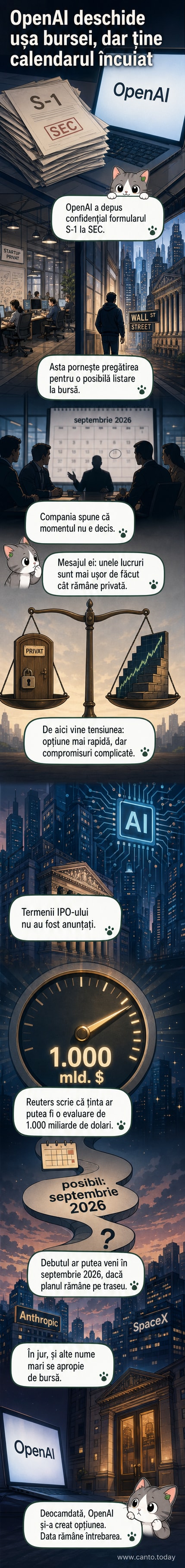 Ilustrație cu un robot ChatGPT urcând o scară etichetată 'Bursă', cu grafice de creștere în fundal.
