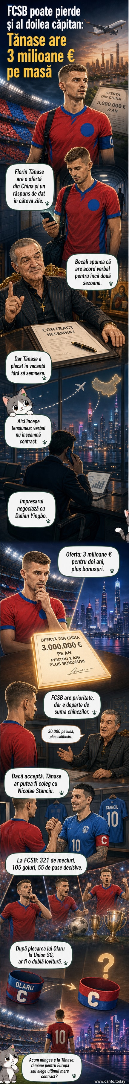 Florin Tănase în echipamentul FCSB, cu fundal de stadion și logo-ul clubului chinez Dalian Yingbo în colț.