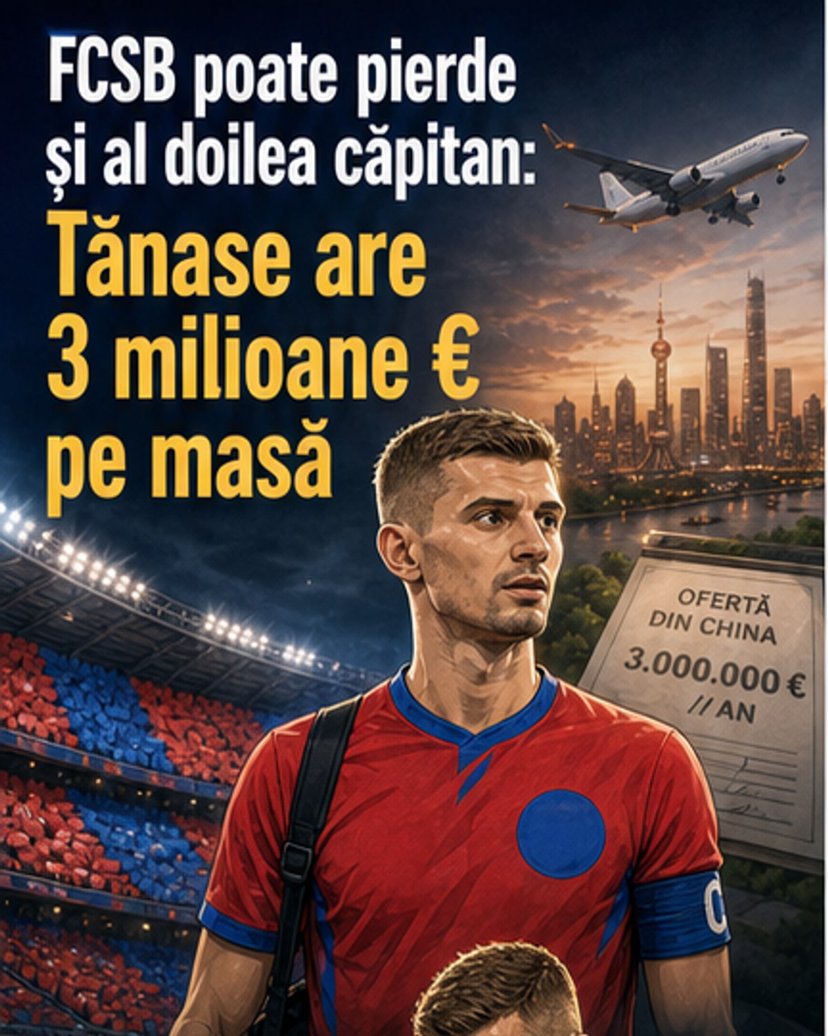 Florin Tănase în echipamentul FCSB, cu fundal de stadion și logo-ul clubului chinez Dalian Yingbo în colț.