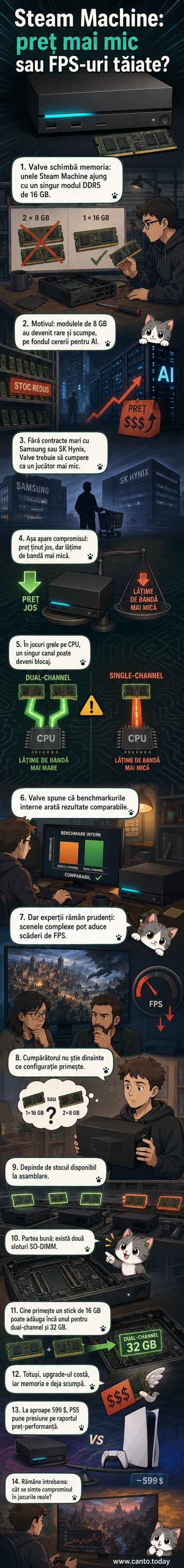 Ilustrație a unei console Steam Machine cu un singur modul RAM evidențiat, alături de un grafic care compară performanța dual-channel vs single-channel.